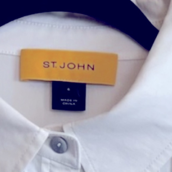 ST JOHN White Button Up Pintuck 3/4 Sleeve Poplin Cotton Designer Couture Shirt - Picture 6 of 7